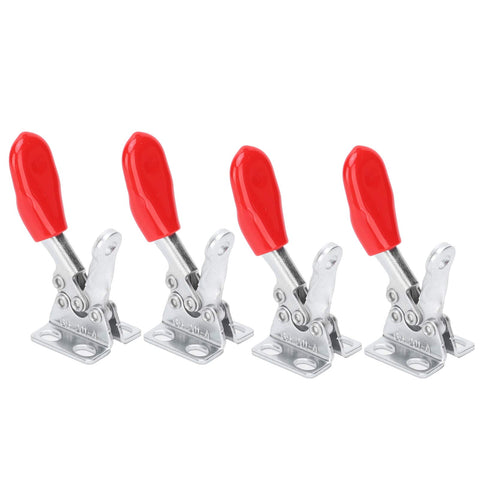 Four red-handled compression clamps for Pro Grade Quick Clench Clamp Toolkit And Thickened Tool Bag For Electricians Portable On The Go.