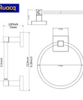 Technical drawing of matte black toilet paper holder towel ring bathroom accessories hardware set with dimensions.