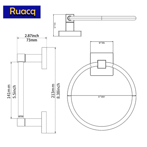 Technical drawing of matte black toilet paper holder towel ring bathroom accessories hardware set with dimensions.