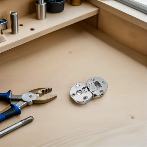 Silver hinge from 4 Pack 90 Degree Adjustable Inset Concealed Flush Cabinet Hinges With Premium Silver Finish on workbench