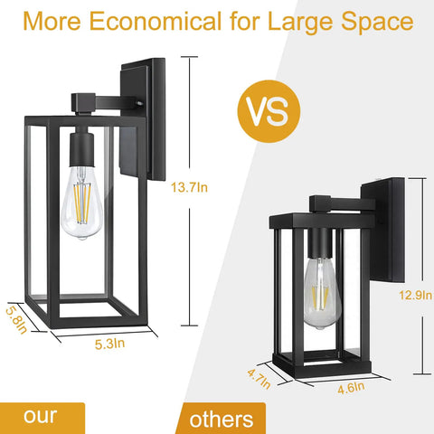 Comparison showing Rugged Matte Black Outdoor Wall Lantern Sconce With Clear Glass Shade, IP65 Waterproof And Anti Rust Aluminum.