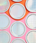 Disco Ball Paper Plates 25 Pack Nine Inch Iridescent Mirror Finish Party Dinnerware for Bachelorette Parties displayed on pink background