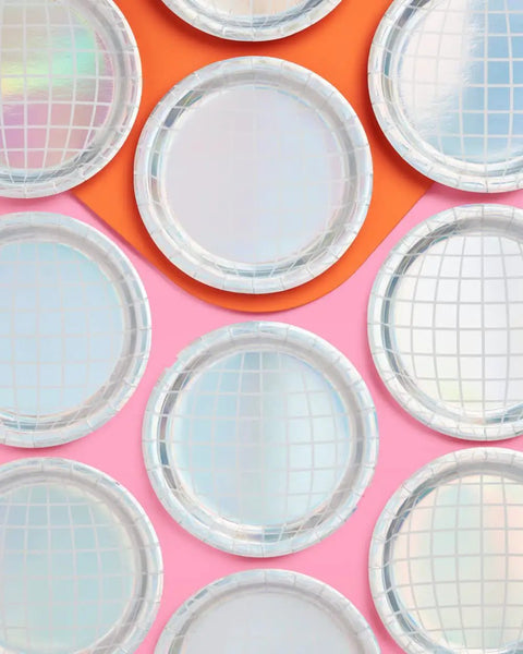Disco Ball Paper Plates 25 Pack Nine Inch Iridescent Mirror Finish Party Dinnerware for Bachelorette Parties displayed on pink background
