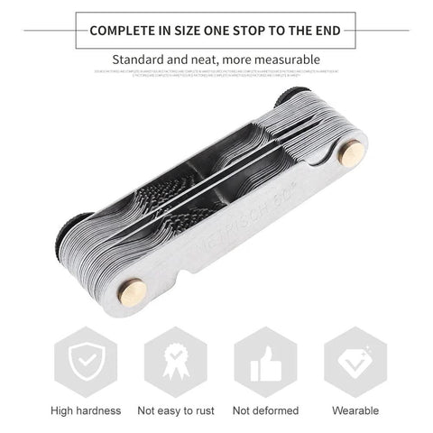 Metal screw pitch gauge with folding blades for metric, imperial, Whitworth 55° and 60° threads