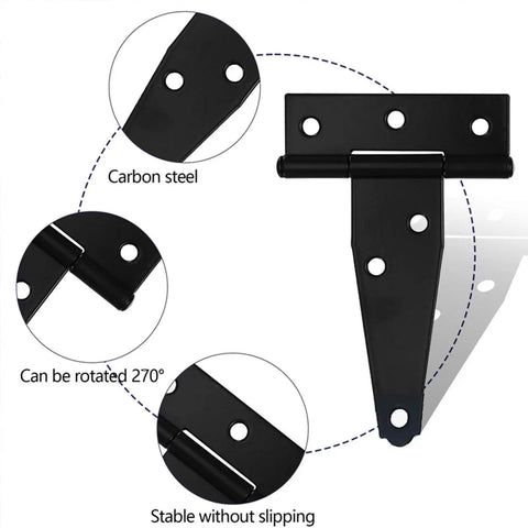 Heavy Duty T Door Hinges With Reinforced Shafts And Screws Included showing carbon steel material and 270° rotation feature.