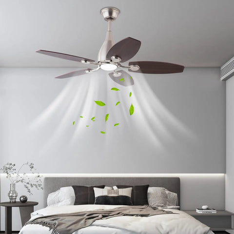 Pwefhsdjvh Ceiling Fan with LED Light 42 Inch Remote Control 5 Blades in modern bedroom, showcasing wood blades and warm light.