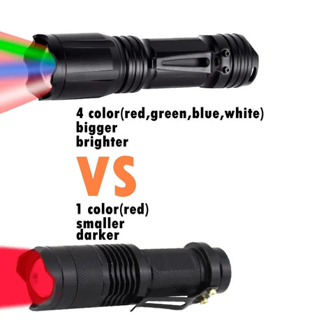 Comparison of upgraded zoomable RGBW flashlight with four color modes vs. single-color red flashlight, showing light beams.