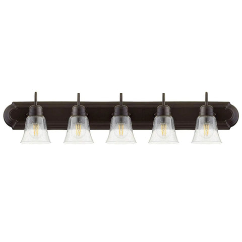 Transitional Five Light Vanity Fixture in Oiled Bronze with Clear and Seeded Glass Damp Rated Bathroom Lighting 36 Inch Wide Sleek Dope Modern Bath Vanity Light For Your Home