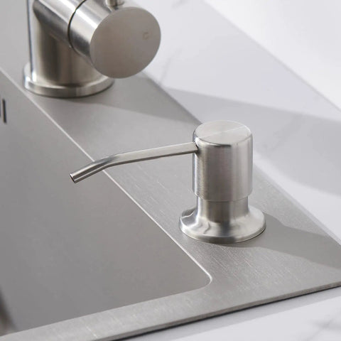 Brushed Nickel Sink Soap Dispenser For Kitchen Sink Stainless Steel Build 17 Oz Refill Bottle shown in modern kitchen setup