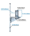Side view of wall mount chain link fence gate hinge with measurements, showing galvanized iron structure with 5/8 inch pin for outdoor use.