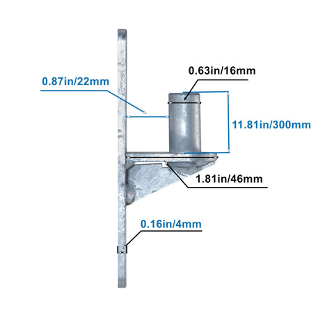 Side view of wall mount chain link fence gate hinge with measurements, showing galvanized iron structure with 5/8 inch pin for outdoor use.