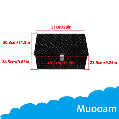 Heavy Duty Aluminum Tool Box 20x12x9.5 Inch Black Cargo Trunk For Pickup Truck Bed And RV With Reinforced Snap Lock Latch showing dimensions.