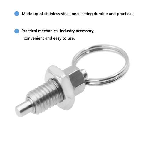 Top Shelf Stainless Steel Spring Plunger With Pull Ring, Retractable Nonlocking Index Pin, close-up view of durable accessory.