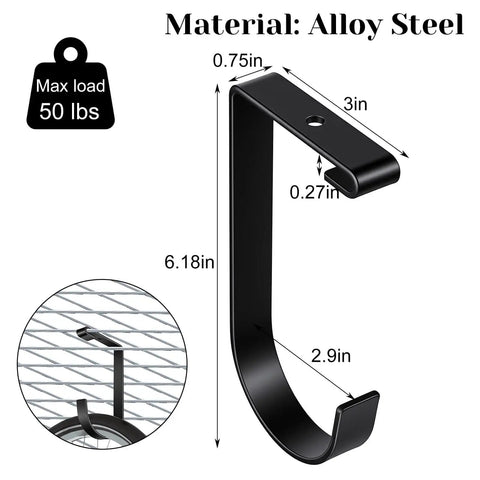 Diagram of Eight Pack Flat Hooks For Garage Ceiling Mounts And Wall Shelving, Heavy Duty Bike Hanger Accessories, Black, with measurements