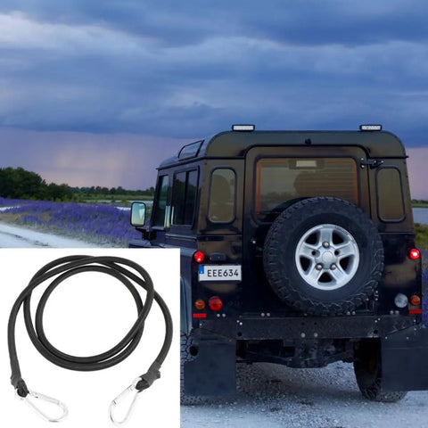 Four Pack Elastic Luggage Straps With Carabiner Hooks Black Polyester Tie Down Straps for camping gear, shown with a vehicle