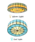 Vintage Tiffany Style Mermaid Glass Ceiling Light Hand Made Flush Mount Lamp showing warm and cool lighting effects.