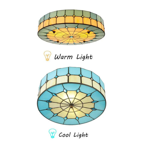Vintage Tiffany Style Mermaid Glass Ceiling Light Hand Made Flush Mount Lamp showing warm and cool lighting effects.
