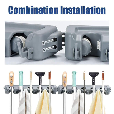 Two Pack 16 Inch Broom Mop Holder Garage Storage Organizer With Five Racks And Six Hooks Adjustable Wall Mounted Tool Holder