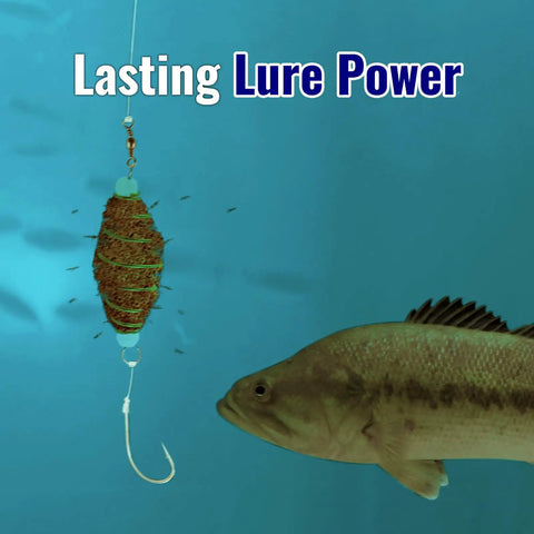 Glow In The Dark Fishing Bait Cage Set With 30 Pcs Spring Feeder Rig Bait Holders attracting fish underwater.