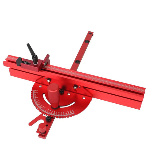 Built Tough Aluminum T Track Table Fence System With Laser Measure For Dead Accurate Miter Saw Cuts And Woodworking Projects On Portable Or Cabinet Saws, red design with scales and angle indicator.