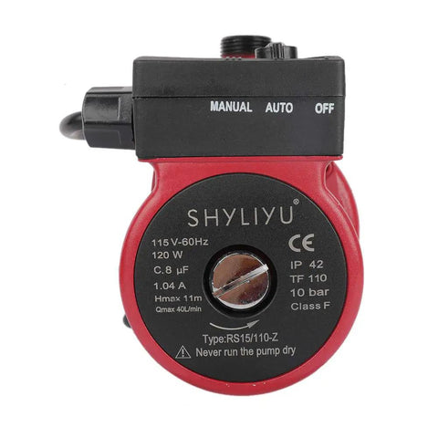 Heavy Duty Cast Iron Pressure Booster Pump With Automatic Hot Water Recirculation System, close-up of control panel and specs.