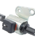 CVT transmission stepper motor, side view showing metal housing, black connector, and mounting tab