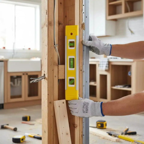 Person using Spirit Level, Aluminum Alloy on a wooden frame, measuring for precision during construction.
