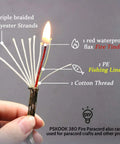 Close-up of Rugged Paracord Kit 100 Feet Of 7 Strand Nylon Fire Starter Rope with red tinder cord and fishing line.