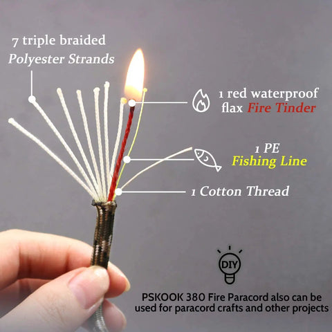 Close-up of Rugged Paracord Kit 100 Feet Of 7 Strand Nylon Fire Starter Rope with red tinder cord and fishing line.