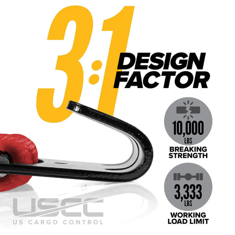 Heavy Duty Red Flat Hook Ratchet Straps Come In A 30 Foot Four Pack with 10,000 lbs breaking strength and design factor details.