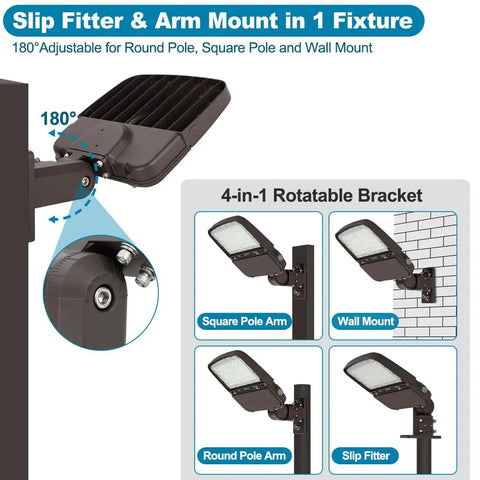 Beast Bright 150W LED Parking Lot Light with Dusk To Dawn Photocell Outdoor Power showing slip fitter and arm mount