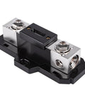 Badass In-Line Anl Fuse Holder With 150 Amp Fuse For 1/0 Or 4 Gauge Car Audio Wiring With Reducer Shims Included High Performance Zinc Core And Smoked Gray Cover, front view showing metal connectors.