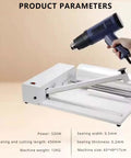 Heavy Duty Manual Shrink Wrap Machine With Heat Sealing And Cutting Functions in use, showcasing iron construction and heat gun.