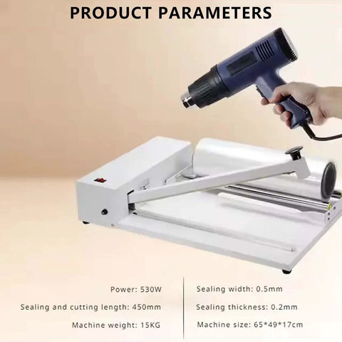 Heavy Duty Manual Shrink Wrap Machine With Heat Sealing And Cutting Functions in use, showcasing iron construction and heat gun.