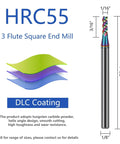 End mill bit, solid carbide, 3-flute square end, rainbow DLC coating, side view, 1/8 in shank