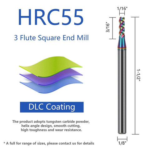 End mill bit, solid carbide, 3-flute square end, rainbow DLC coating, side view, 1/8 in shank