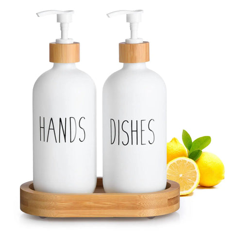 Wooden Dish Soap Dispenser Set With Thick One Inch Tray And Non Slip Base For Modern Boho Farmhouse Kitchen Countertop Decor White Finish