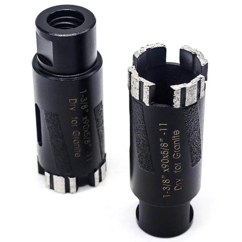 Two Ostek 1-3/8-inch dry diamond core drill bits with 5/8-11 thread for granite; black body with diamond segments.