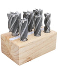 Accusize 6-piece Bridgeport HSS end mills set on wooden rack; 3/4 in shanks, 4- and 6-flute, diameters 3/4-1-1/2 in.