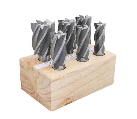 Accusize 6-piece Bridgeport HSS end mills set on wooden rack; 3/4 in shanks, 4- and 6-flute, diameters 3/4-1-1/2 in.