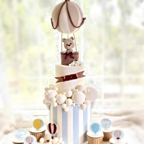 Hot air balloon themed cake with bear topper, decorated with fondant using Balloon Silicone Mold For Fondant And Chocolate Dope Cake Decorating Easy To Use Hot Air Balloon Mold For Cupcake Toppers Candy Chocolate Polymer Clay Gum Paste Flexible Food Grade Nonstick.