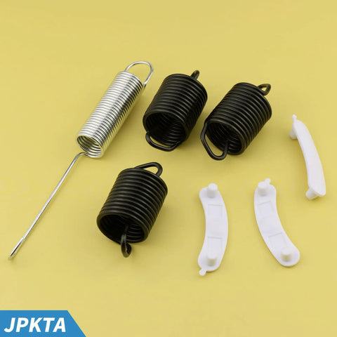 Heavy Duty Washing Machine Repair Kit With Suspension Springs Counterweight Pads And Tub Wear Pads DIY Friendly For Whirlpool Kenmore Washers Includes WP63907 W10250667 And 285744 Parts To Restore Drum Support And Quiet Spin. springs and pads set on yellow background