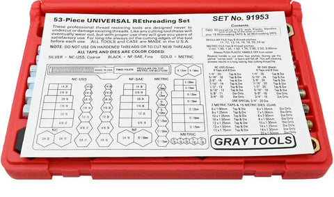 Rethreading Kit With 53 Pieces Including 19 Taps, 32 Dies And 2 Thread Files For NC NF And Metric Sizes, in red case