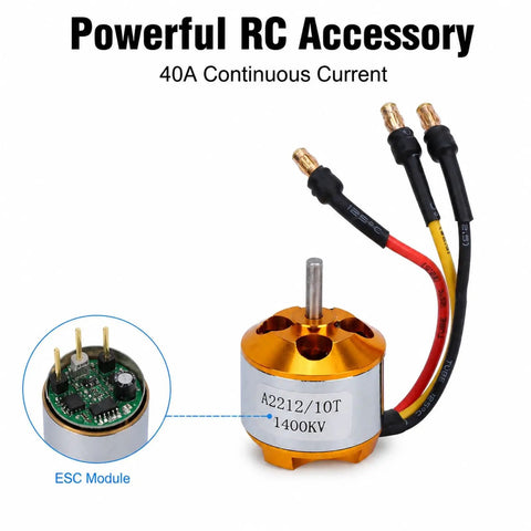Pro Grade 2212 KV1400 Motor With 40A XT60 ESC SG90 Servo And 8060 Prop Kit showing detailed ESC module and cables.