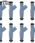 Eight Piece Fuel Injector Set For 4.7L V8 Engines From 2001 Through 2007 Grand Cherokee Commander Dodge Dakota Durango Ram, Improves MPG, Smooth Idle, And Consistent Fuel Delivery, Replacement Car Engine Part 0280155849 shown in set