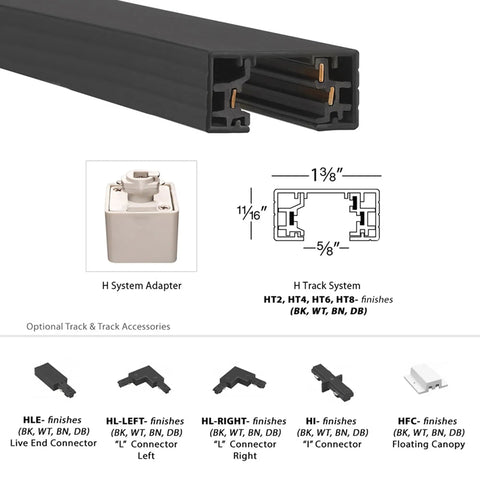 Diagram showing Right L Connector for H Series Track Lighting in White Finish 120V joins two sections at 90 degrees with dimensions