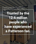 Warehouse with Patterson Fan Co boxes and American flag, highlighting fan trust of 12.6 million customers.