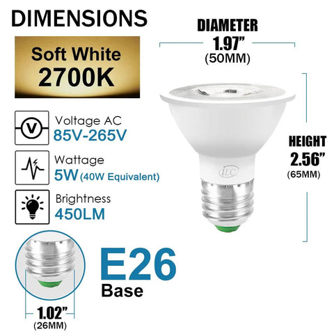 Par16 RGB LED Bulb 12 Colors, 45 Beam, Dimmable 2700K E26, Remote Pack Of 4 with dimensions and specs