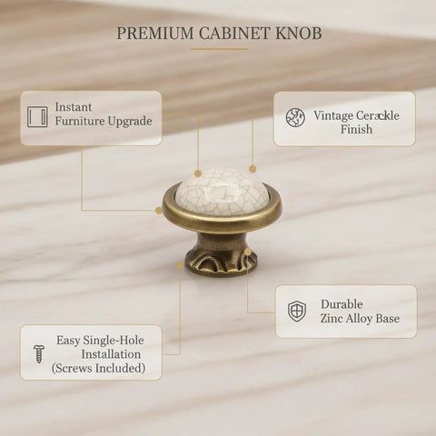 Crackle Finish Ceramic Cabinet Knobs With Heavy Duty Zinc Alloy Core Decorative Furniture Hardware showing vintage crackle design.