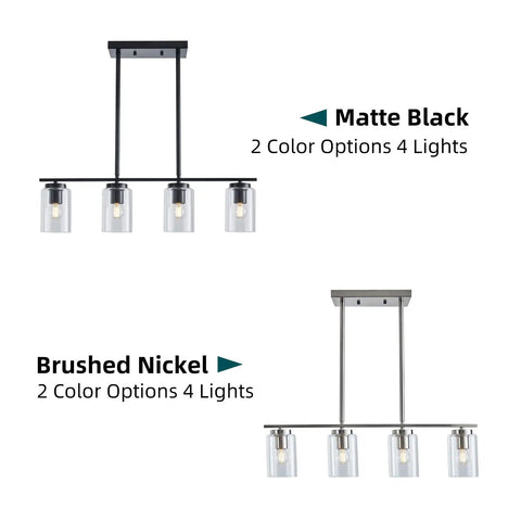 Four Light Brushed Nickel Island Pendant Lights With Clear Glass Shades For Kitchen Island, Matte Black Variation Shown